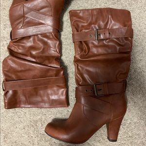 Cognac colored high heels boots, size 8.5